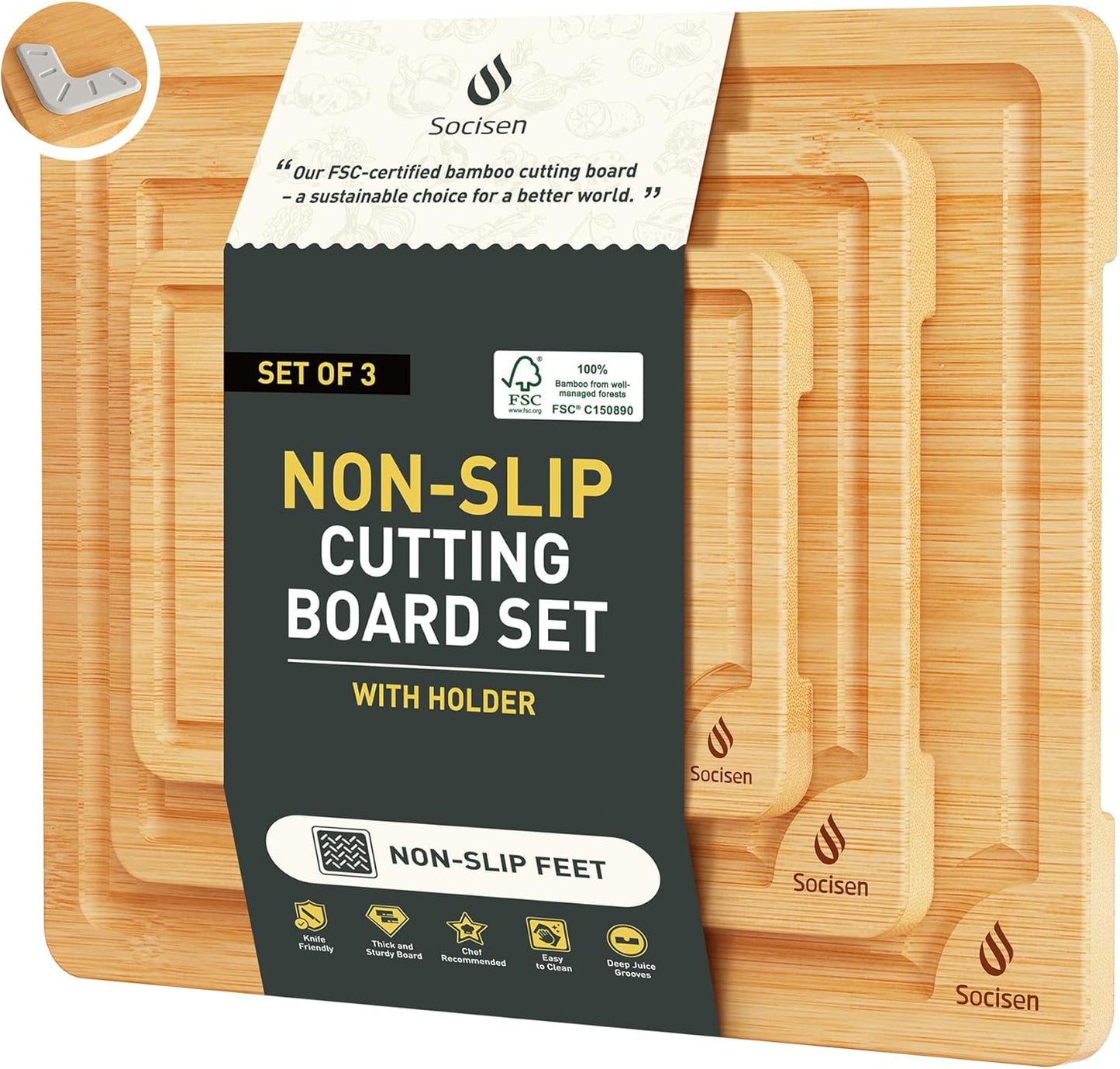 3 Packs Bamboo Cutting Board Set with Non Slip Feet Holder and Over Sink Nice Solid Thick Wood Juice Groove Chopping Board Extra Large Big Small Best Hardwood Kitchen Organic Vegetable Meat BBQ Kit
