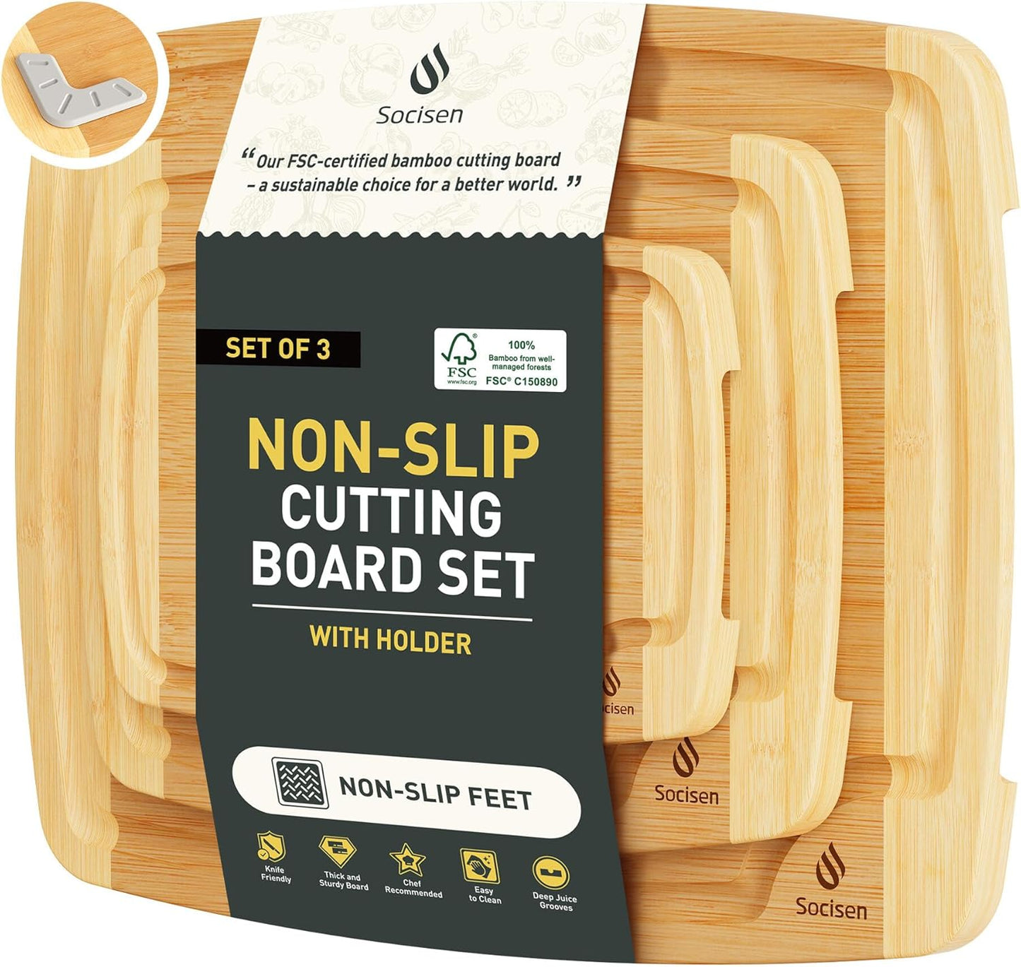 3 Packs Bamboo Cutting Board Set with Non Slip Feet Holder and Over Sink Nice Solid Thick Wood Juice Groove Chopping Board Extra Large Big Small Best Hardwood Kitchen Organic Vegetable Meat BBQ Kit