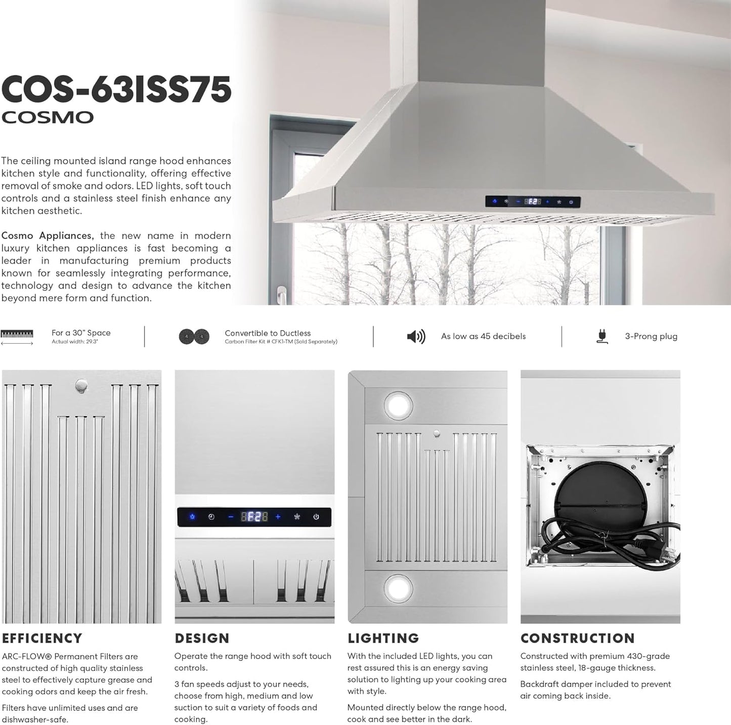 COSMO COS-63ISS75 30 in. Lumin Collection 380 CFM Ducted Island Range Hood, Soft Touch Controls, LED Lights, Stainless Steel