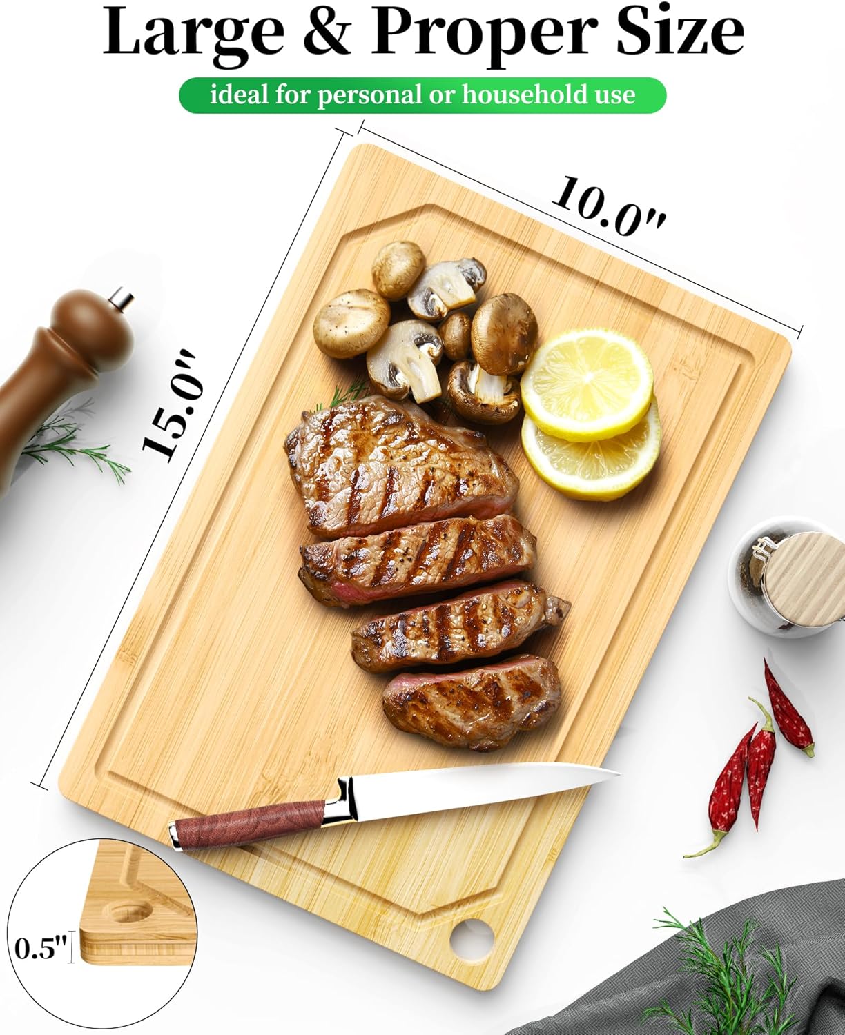 Kitsure Bamboo Cutting Board - Multi-Sizes Wooden Cutting Boards for Kitchen, Convenient Kitchen Essentials with Deep Juice Grooves, Natural Cutting Board for Chopping & Serving, 15.0" x 10.0"