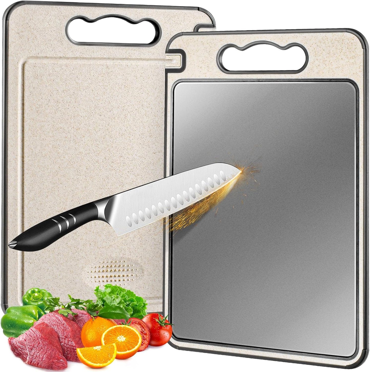 Stainless Steel Cutting Board for Kitchen, Non Toxic Large Chopping Board Double Sided Non-slip Scratch-resistant Mesh Design with Juice Groove Food-Grade Wheat Straw PP 15×10 In Easy to Clean