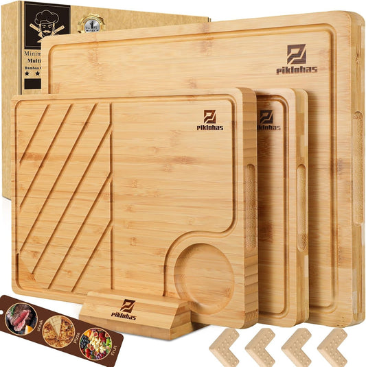 Bamboo Cutting Boards Large Set of 4 for Kitchen, Wood Charcuterie Chopping Board with Holder Non Slip, Steak Serving Tray with Juice Groove, Big Butcher Block for Cheese, Ideal for Gift