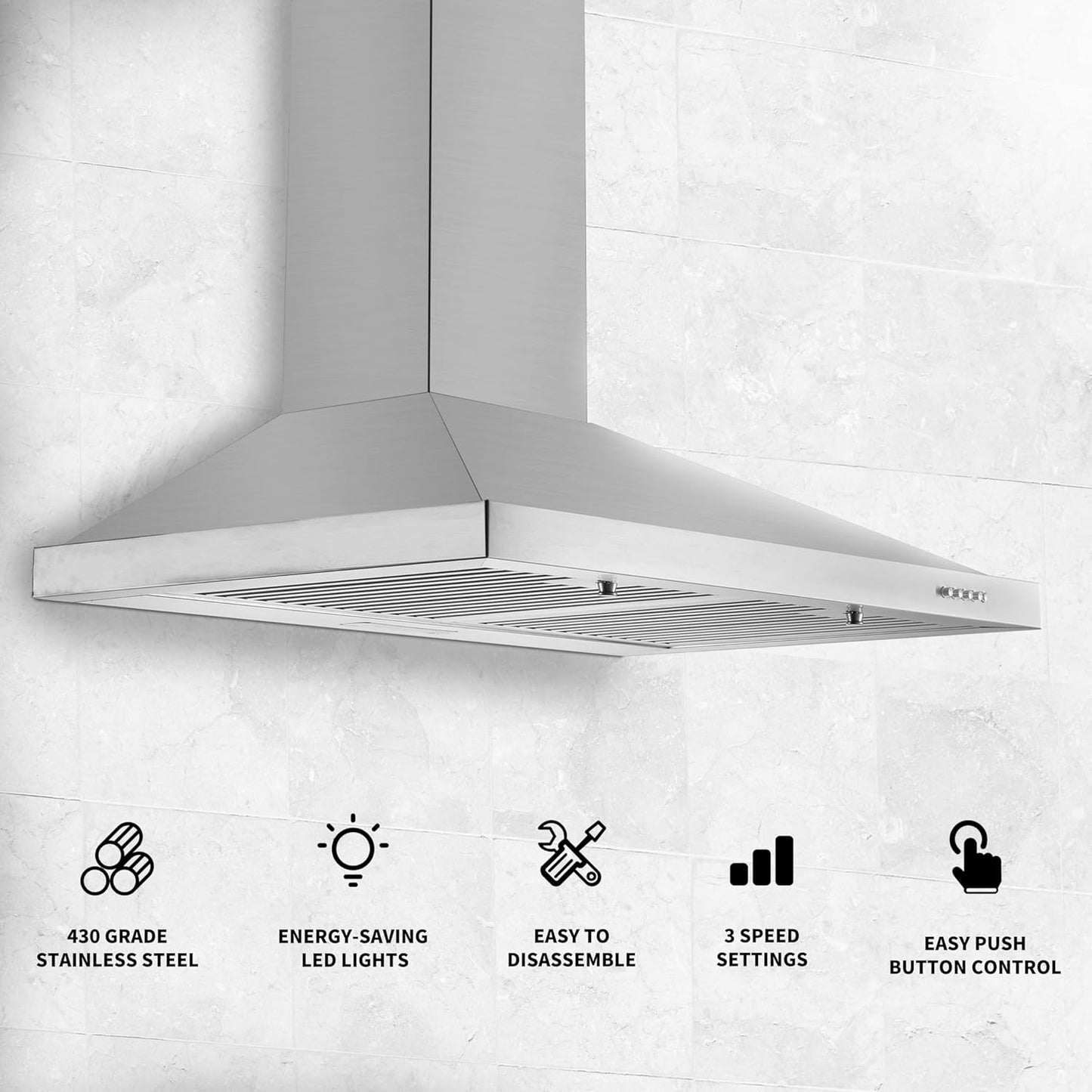 Range Hood, Range Hoods 30 inch Stainless Steel, 450 CFM Kitchen Hood with LED Light Baffle Filters, 3 Speed Exhaust Fan Vent Hood