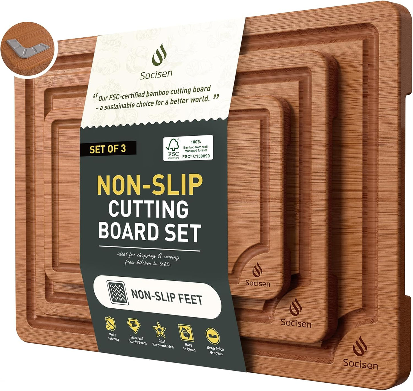 3 Packs Bamboo Cutting Board Set with Non Slip Feet Holder and Over Sink Nice Solid Thick Wood Juice Groove Chopping Board Extra Large Big Small Best Hardwood Kitchen Organic Vegetable Meat BBQ Kit