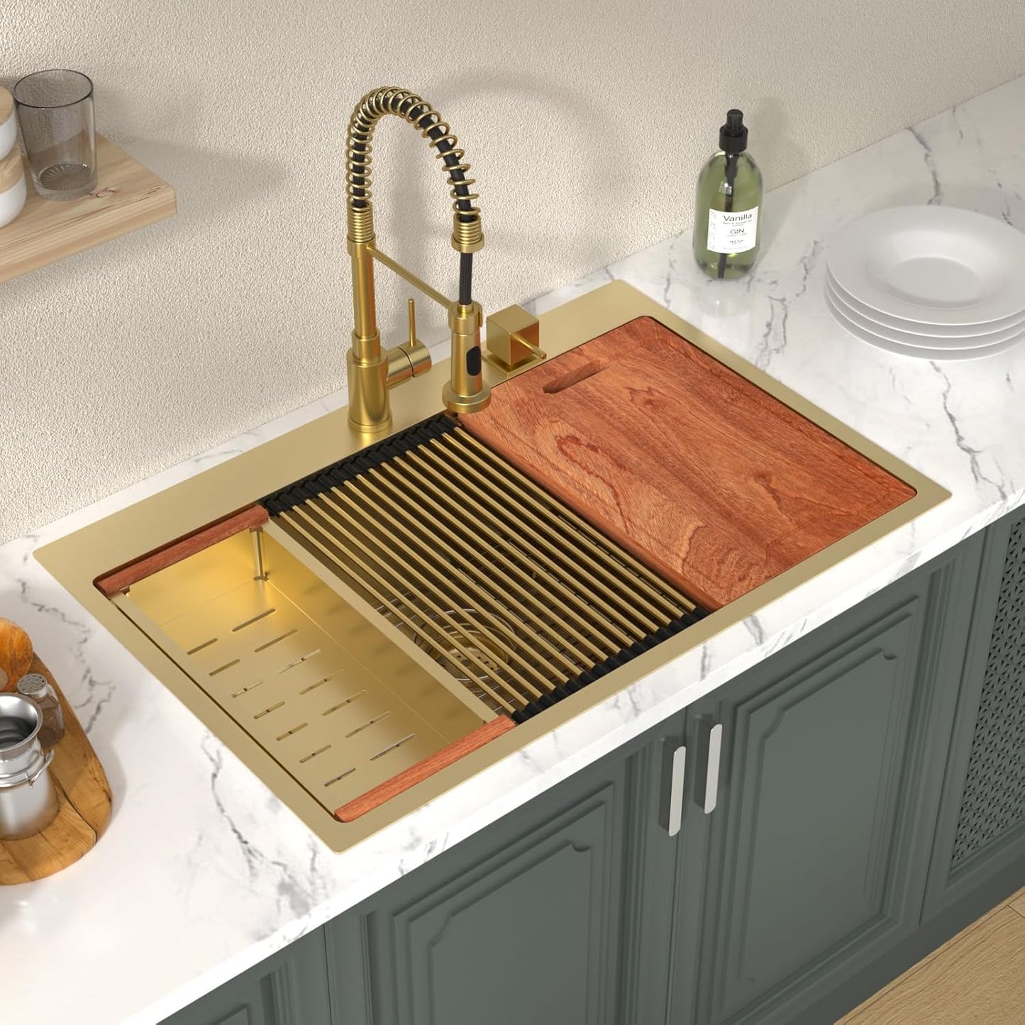 Lordear 33 Drop In Kitchen Sink Workstation 33x22 Kitchen Sinks Drop In Stainless Steel 16 Gauge Single Bowl Handmade Topmount Sink with Cutting Board