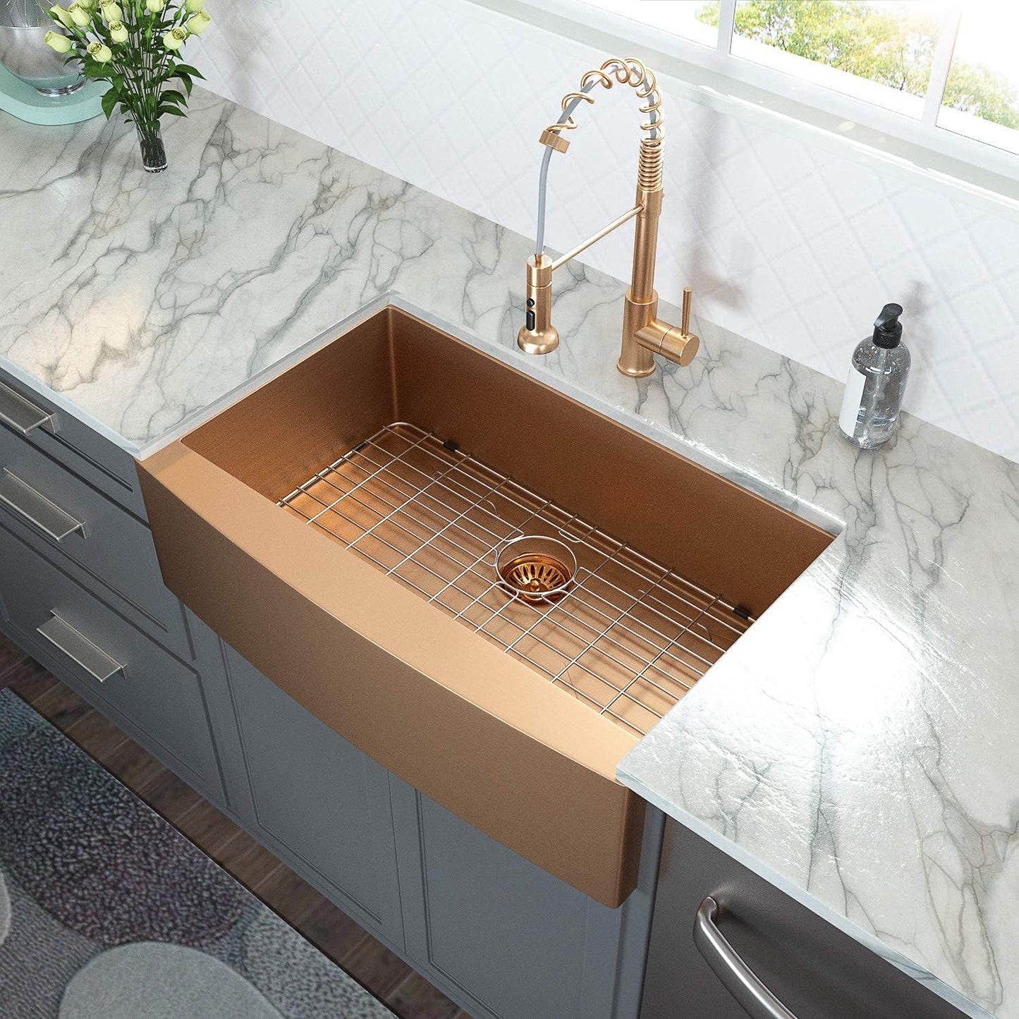 Lordear 33 inch Apron Front Farmhouse Kitchen Sink Copper Tone Bronze 16 Gauge Stainless Steel Deep Single Bowl Kitchen Farm Sink Basin