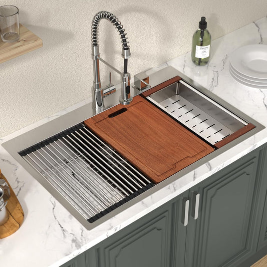Lordear 33 Drop In Kitchen Sink Workstation 33x22 Kitchen Sinks Drop In Stainless Steel 16 Gauge Single Bowl Handmade Topmount Sink with Cutting Board