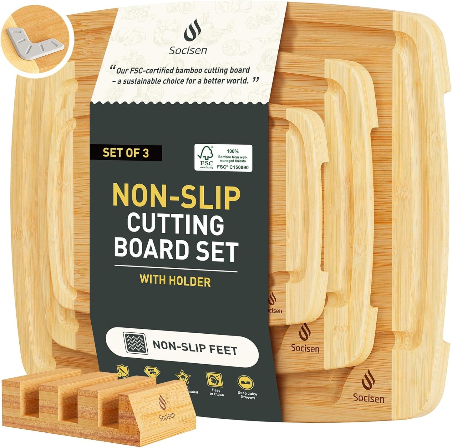 3 Packs Bamboo Cutting Board Set with Non Slip Feet Holder and Over Sink Nice Solid Thick Wood Juice Groove Chopping Board Extra Large Big Small Best Hardwood Kitchen Organic Vegetable Meat BBQ Kit
