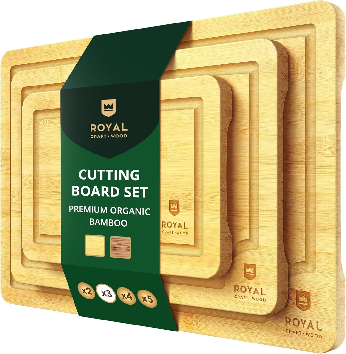 ROYAL CRAFT WOOD Wooden Cutting Boards for Kitchen Meal Prep & Serving - Bamboo Wood Serving Board Set with Deep Juice Groove Side Handles - Charcuterie & Chopping Butcher Block for Meat (3 Pcs)