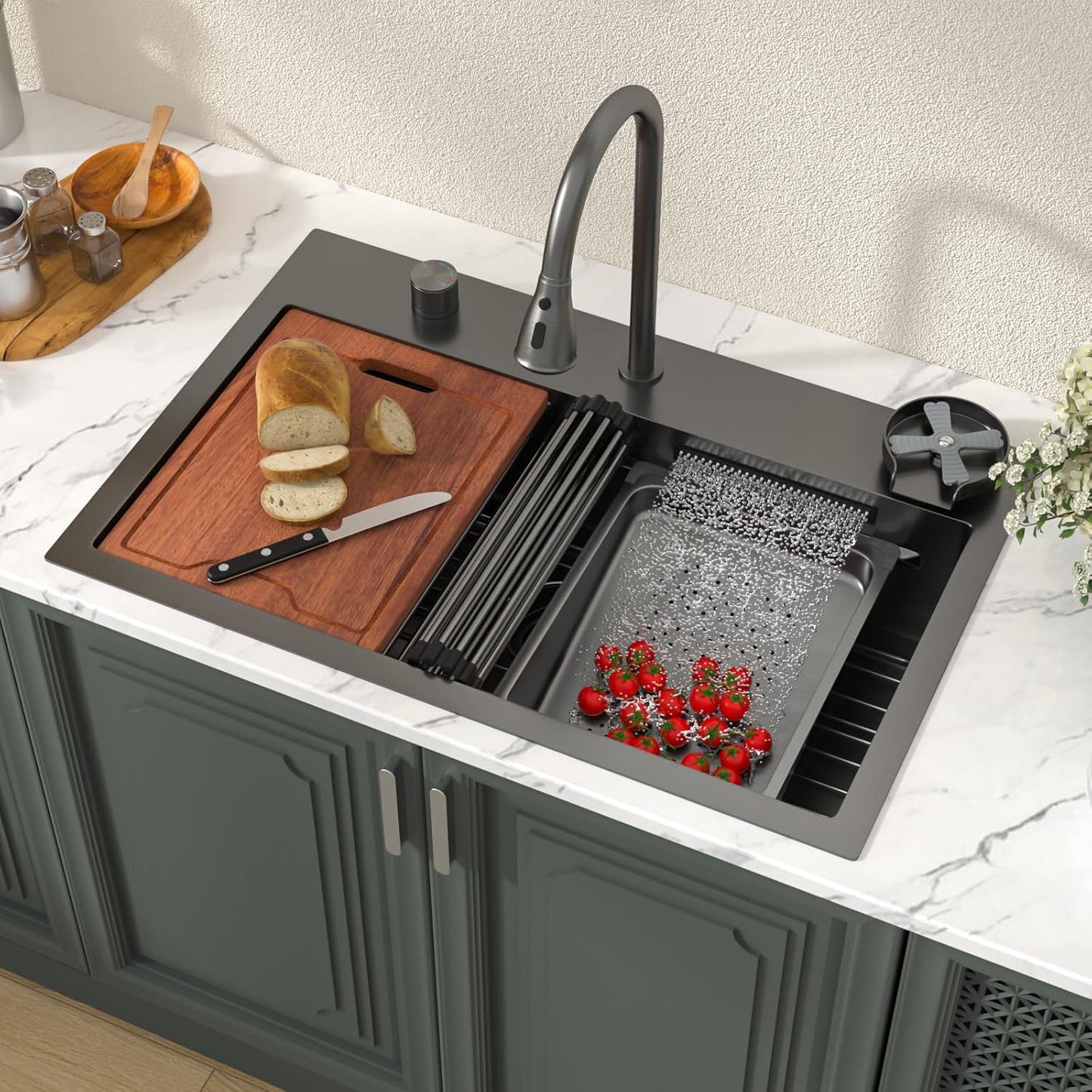 Lordear 33 Drop In Kitchen Sink Workstation 33x22 Kitchen Sinks Drop In Stainless Steel 16 Gauge Single Bowl Handmade Topmount Sink with Cutting Board