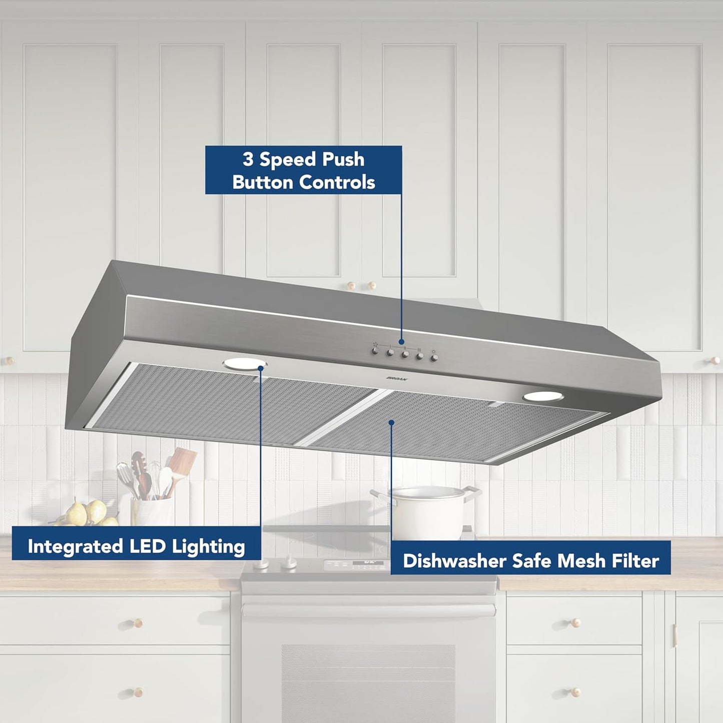 Broan-NuTone BCSQ130SS Three-Speed Glacier Under-Cabinet Range Hood with LED Lights ADA Capable, 1.5 Sones, 375 Max Blower CFM, 30-Inch, Stainless Steel