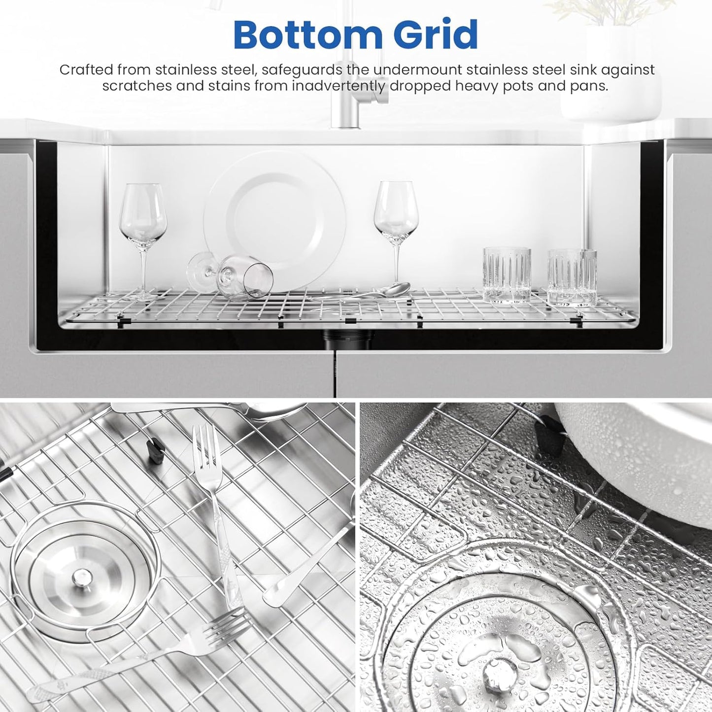 32x18 Undermount Kitchen Sink, WATERLACE Premium 16 Gauge 304 Stainless Steel Handmade Modern Kitchen Sink with Bottom Grid & Drain Assembly