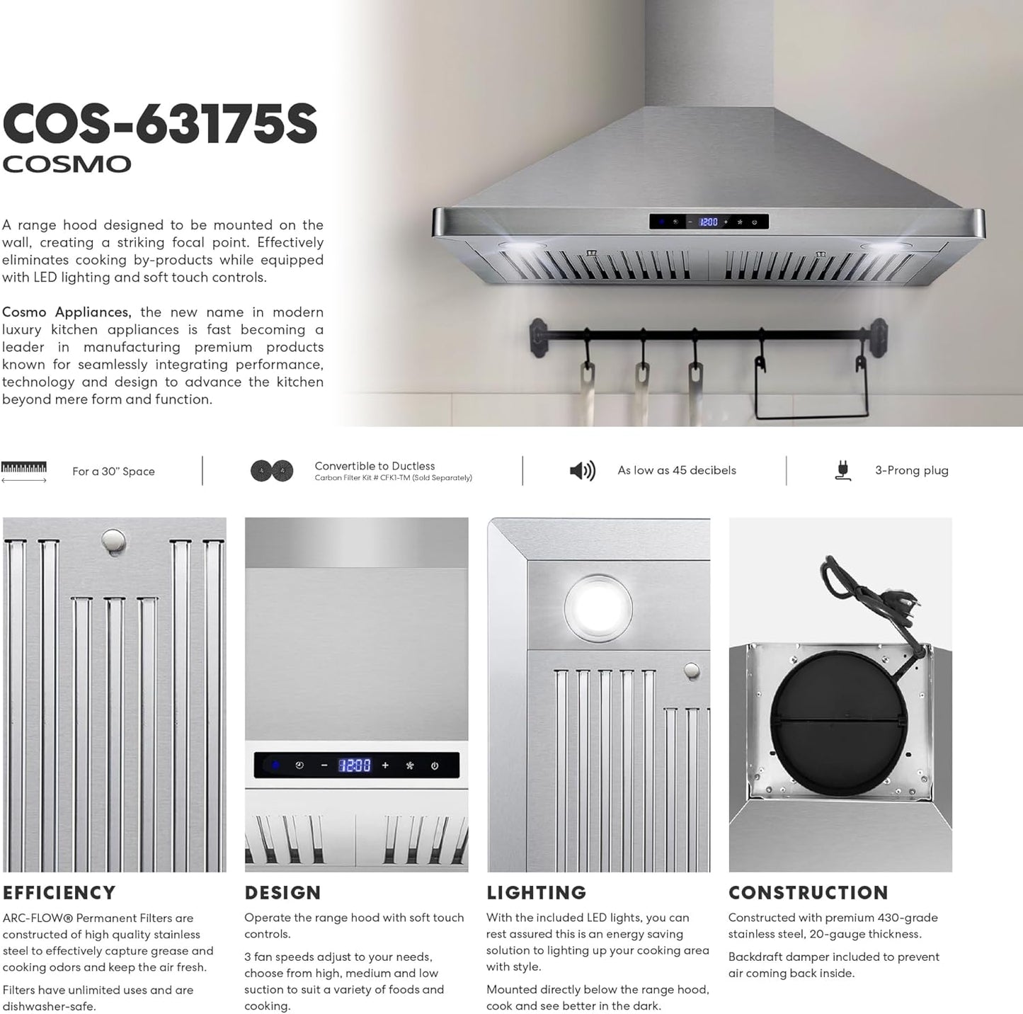 COSMO COS-63175S 30 in. Vista Collection 380 CFM Ducted Wall Mount Range Hood, Touch Controls, LED Lights, Stainless Steel