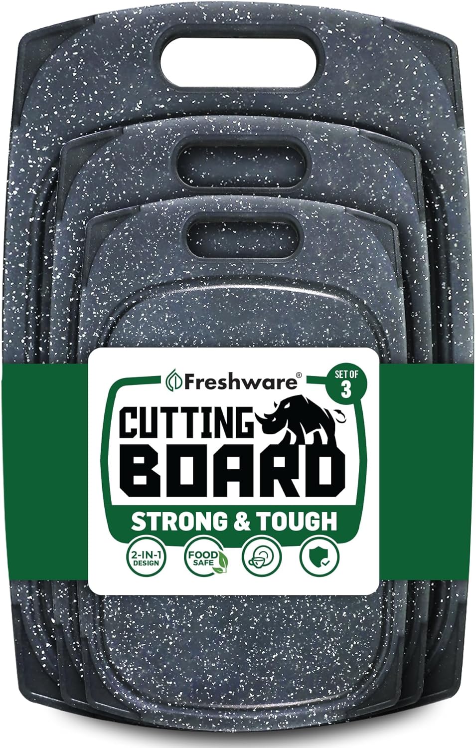 Freshware Cutting Boards for Kitchen, Chopping Board 3-Pack with Different Sizes, Juice Grooves and Non Slip Handles - Reversible, Large Cutting Board Set - Dishwasher Safe - Gray