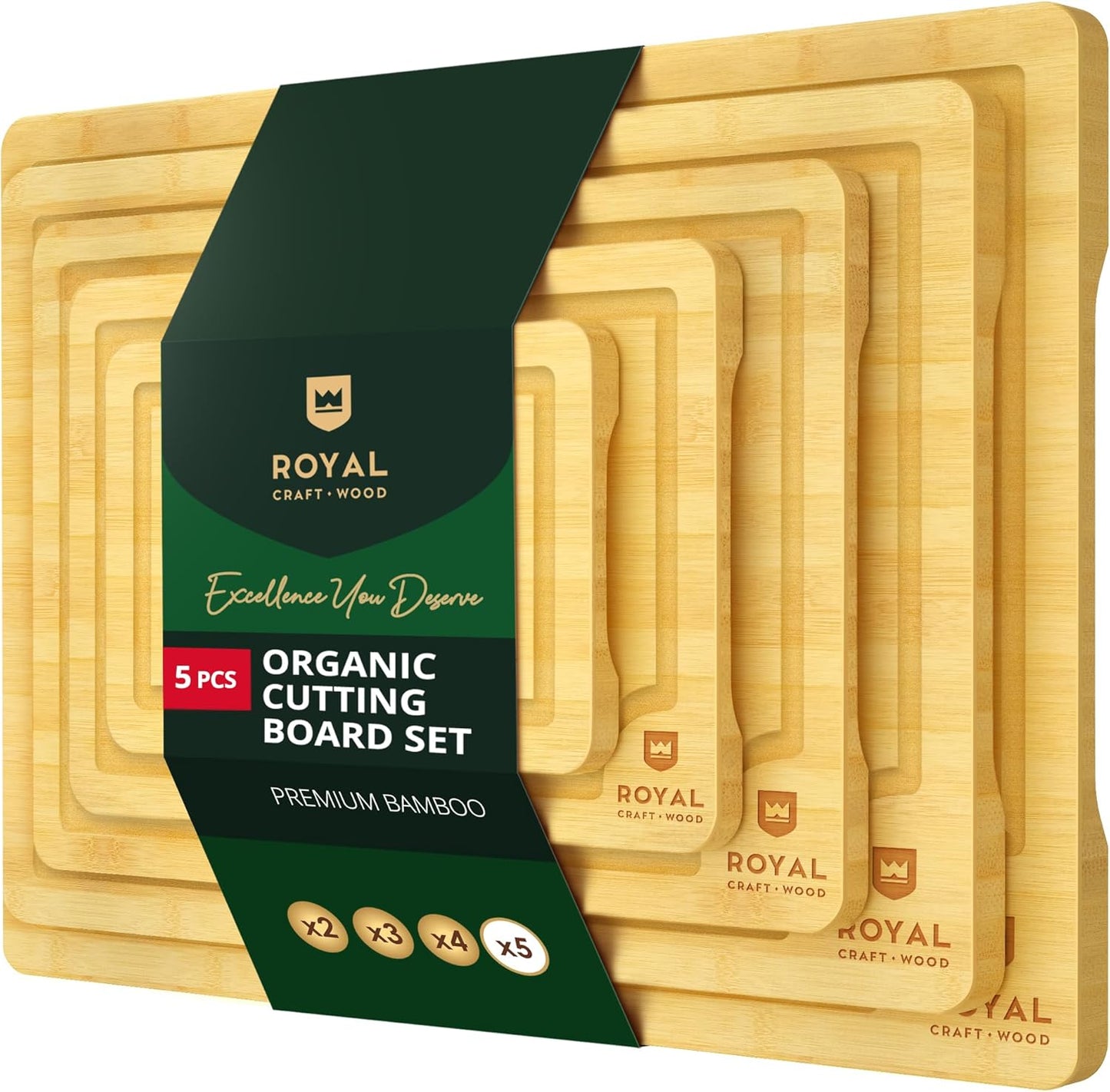 ROYAL CRAFT WOOD Wooden Cutting Boards for Kitchen Meal Prep & Serving - Bamboo Wood Serving Board Set with Deep Juice Groove Side Handles - Charcuterie & Chopping Butcher Block for Meat (3 Pcs)