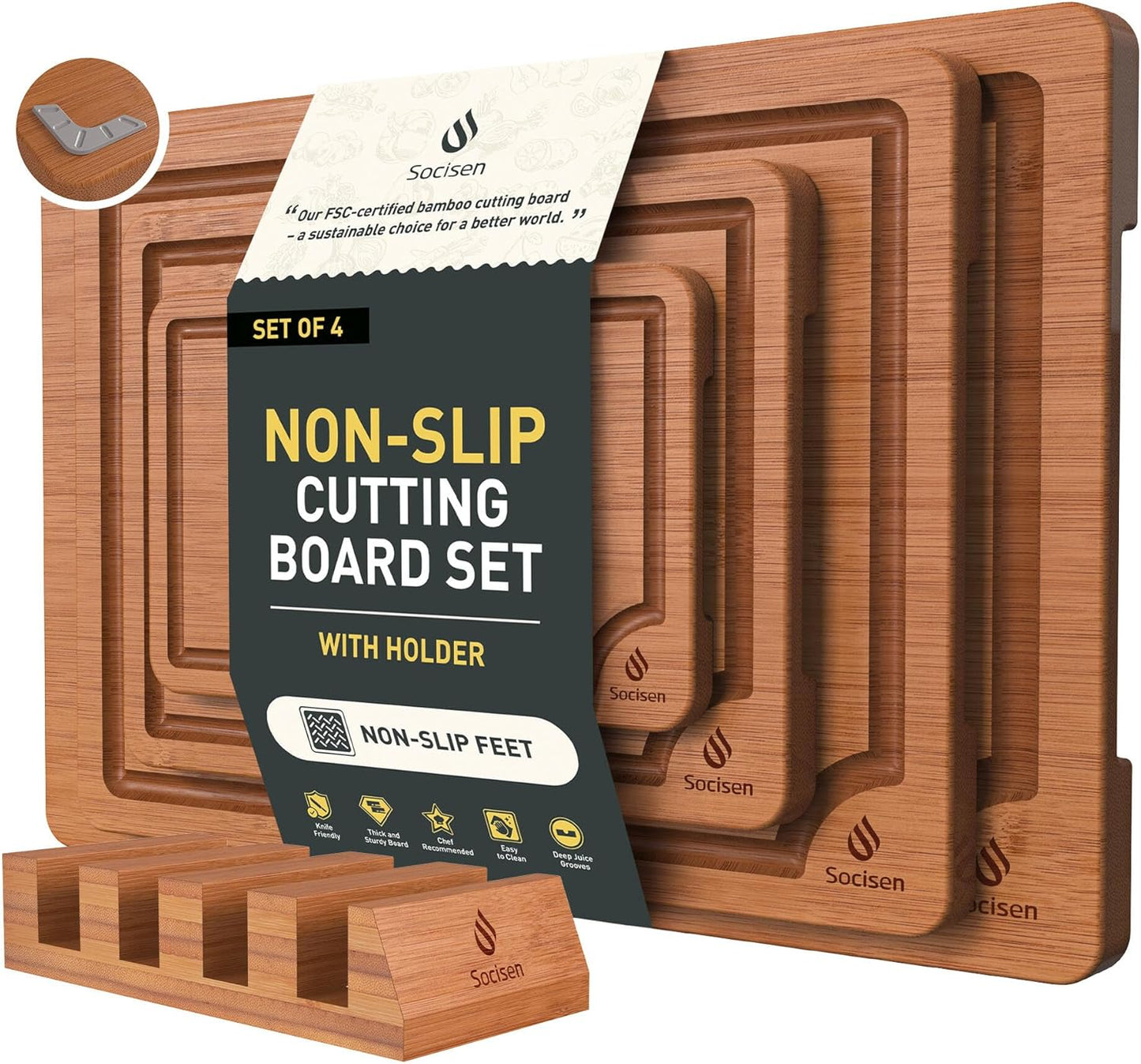 3 Packs Bamboo Cutting Board Set with Non Slip Feet Holder and Over Sink Nice Solid Thick Wood Juice Groove Chopping Board Extra Large Big Small Best Hardwood Kitchen Organic Vegetable Meat BBQ Kit