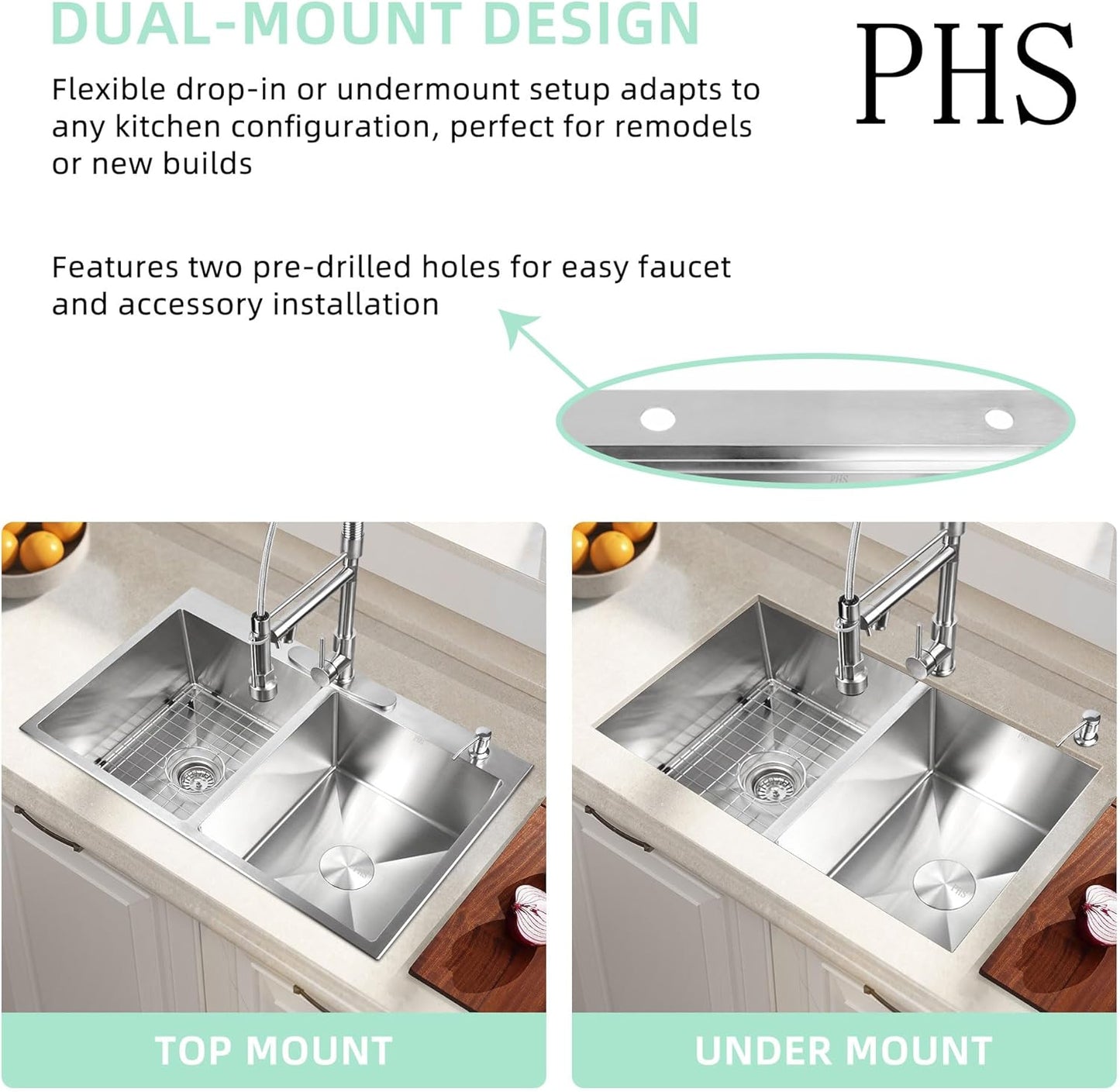33 Inch Drop In Kitchen Sink Double Bowl-32x22 Top Mount Sink Double Stainless Steel 16 Gauge Deep 50/50 Handmade Double Bowl Sinks