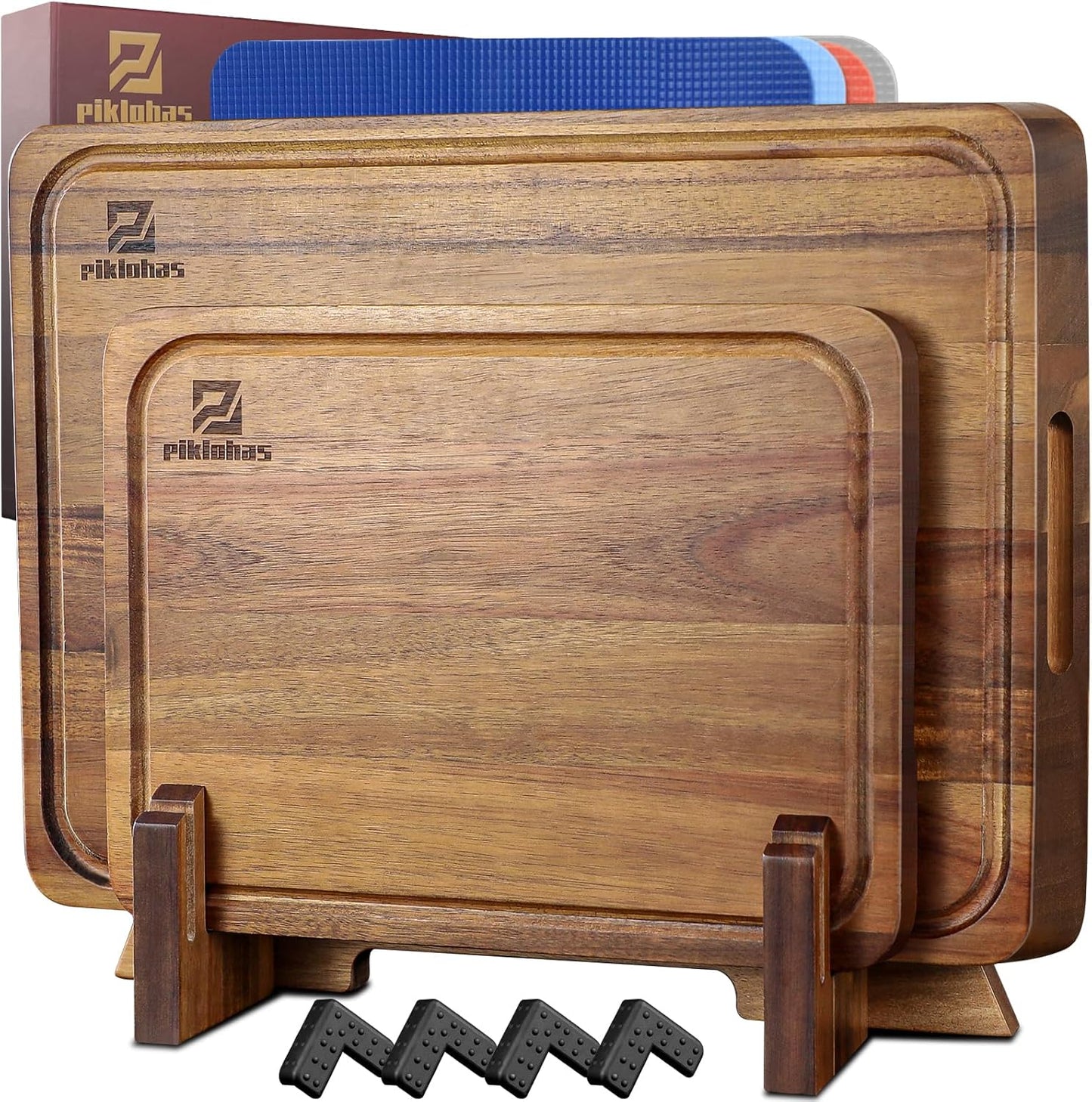 Bamboo Cutting Boards Large Set of 4 for Kitchen, Wood Charcuterie Chopping Board with Holder Non Slip, Steak Serving Tray with Juice Groove, Big Butcher Block for Cheese, Ideal for Gift