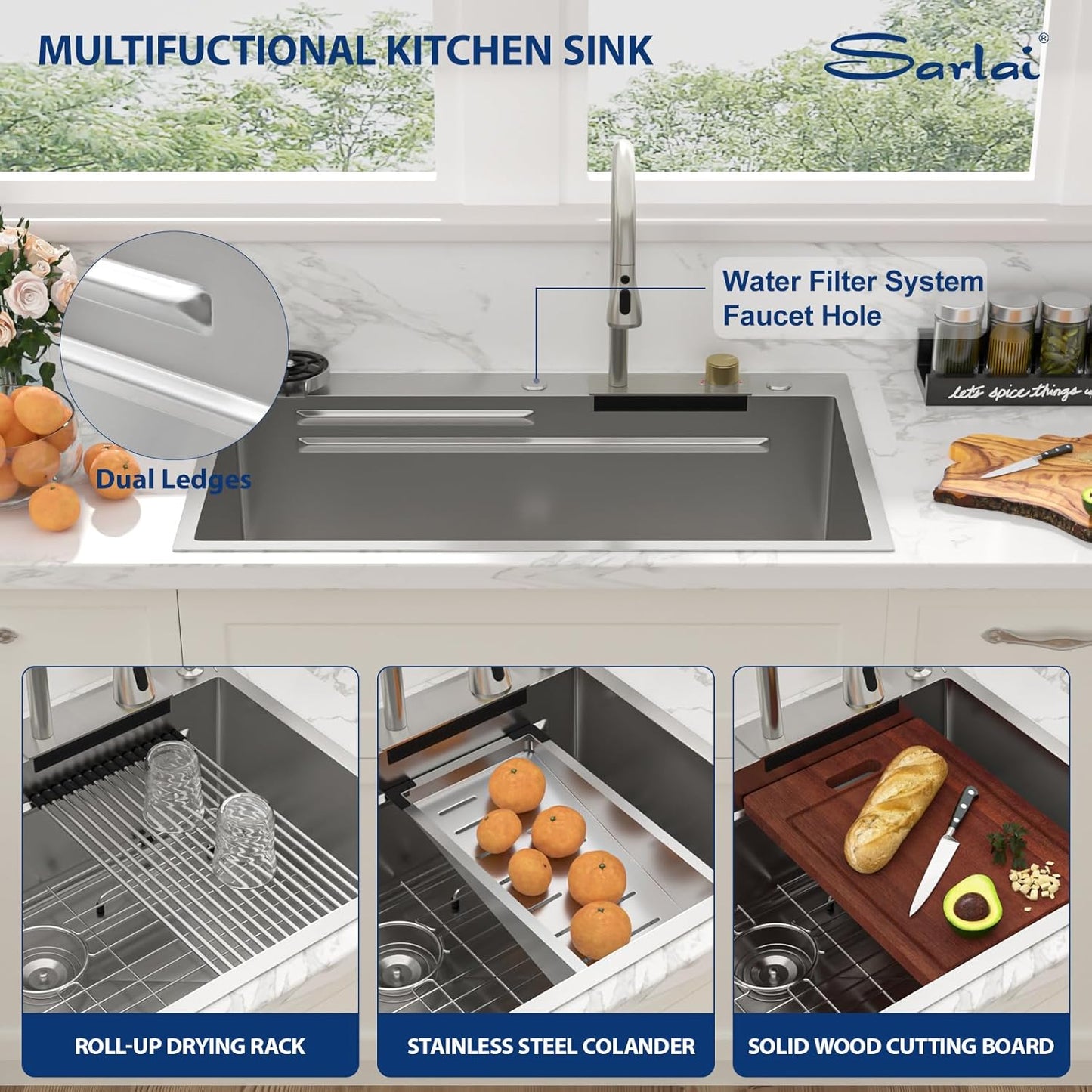Sarlai 36 Inch Waterfall Kitchen Sink Workstation - 36x22 Waterfall Drop In Sink Stainless Steel 16 Gauge Sink Multifunction Single Bowl Smart Top Mount Kitchen Sinks with Faucet Combo