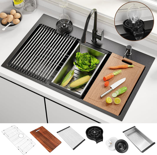 33x22 Inch Kitchen Sink Black Drop In Stainless Steel Kitchen Sinks 16 Gauge Single Bowl Workstation Luxury Top Mount Sink with 6 Accessories Include Glass Rinser (Black)