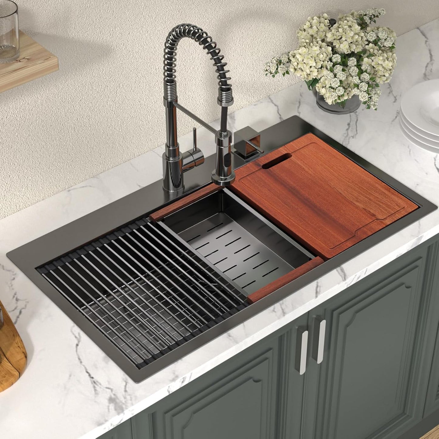 Lordear 33 Drop In Kitchen Sink Workstation 33x22 Kitchen Sinks Drop In Stainless Steel 16 Gauge Single Bowl Handmade Topmount Sink with Cutting Board