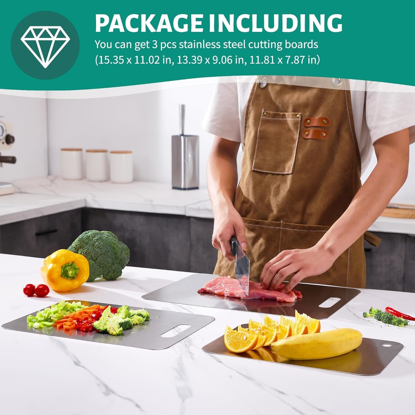 Stainless Steel Cutting Board, 3 PCS Cutting Boards for Kitchen, 304 Stainless Non Stick Chopping Cutting Board for Meat Fruit & Vegetable (15.3 x 11, 13.4 x 9, 11.8 x 7.9 in)