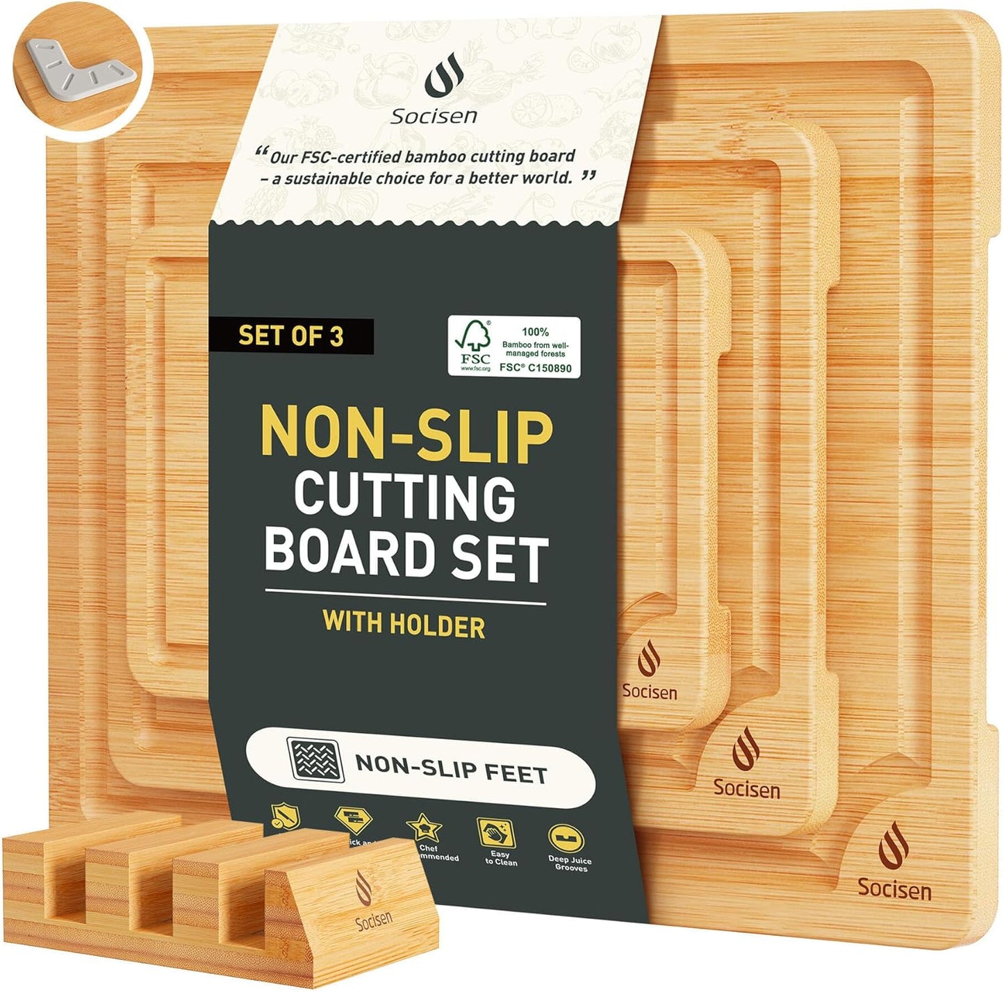 3 Packs Bamboo Cutting Board Set with Non Slip Feet Holder and Over Sink Nice Solid Thick Wood Juice Groove Chopping Board Extra Large Big Small Best Hardwood Kitchen Organic Vegetable Meat BBQ Kit