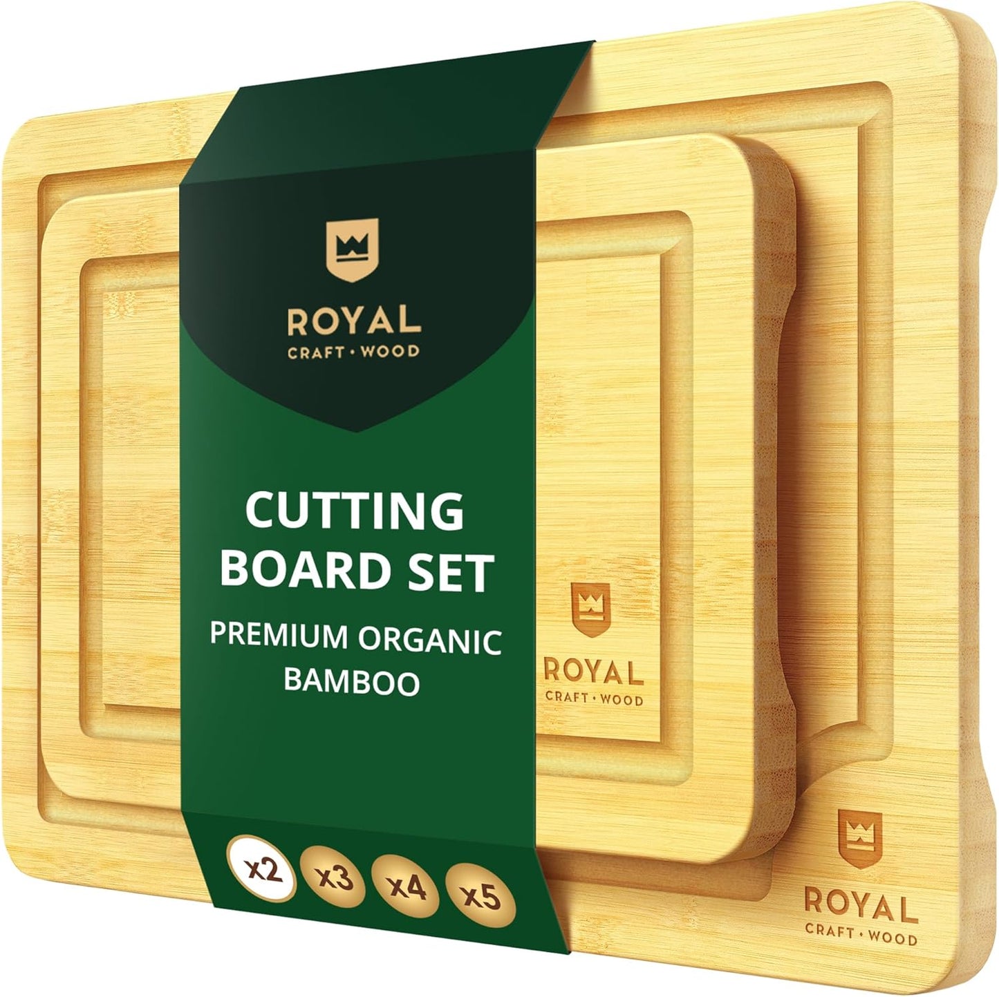 ROYAL CRAFT WOOD Wooden Cutting Boards for Kitchen Meal Prep & Serving - Bamboo Wood Serving Board Set with Deep Juice Groove Side Handles - Charcuterie & Chopping Butcher Block for Meat (3 Pcs)