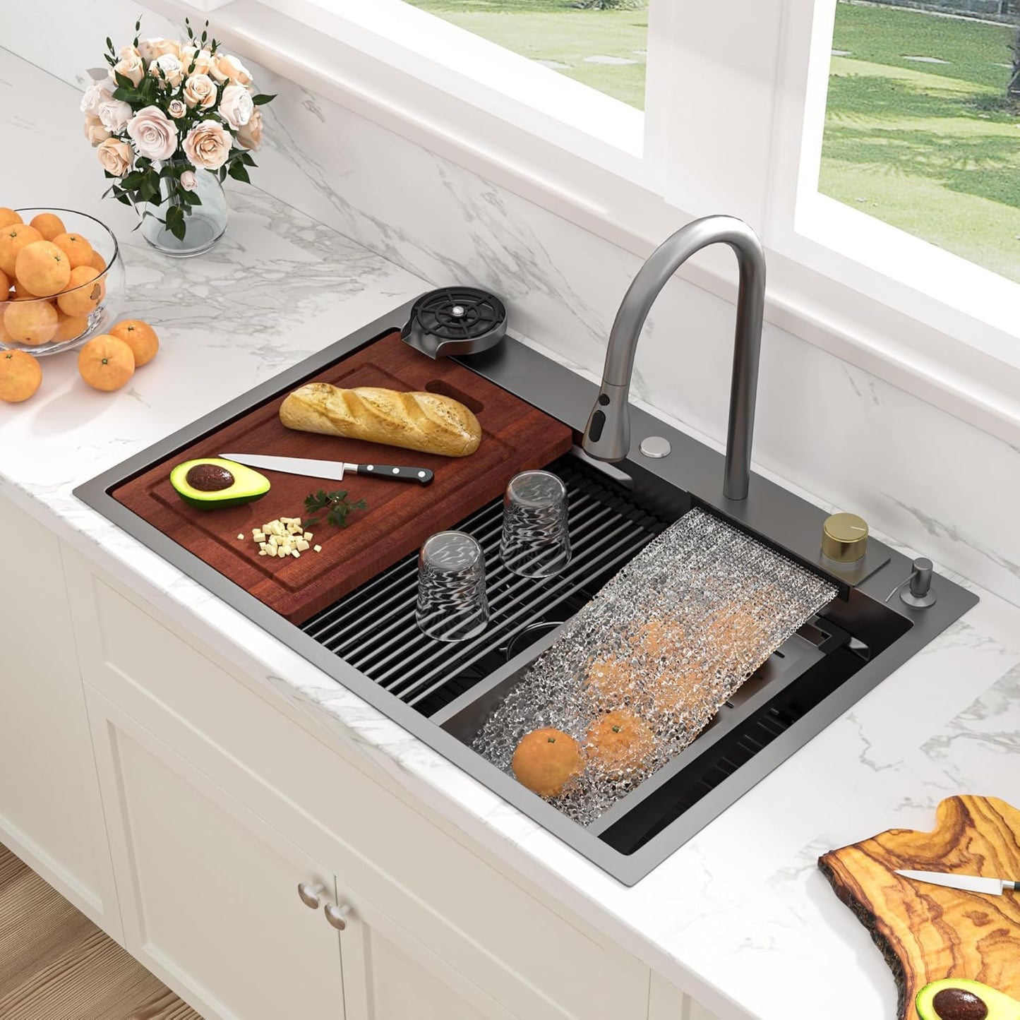 Sarlai 36 Inch Waterfall Kitchen Sink Workstation - 36x22 Waterfall Drop In Sink Stainless Steel 16 Gauge Sink Multifunction Single Bowl Smart Top Mount Kitchen Sinks with Faucet Combo