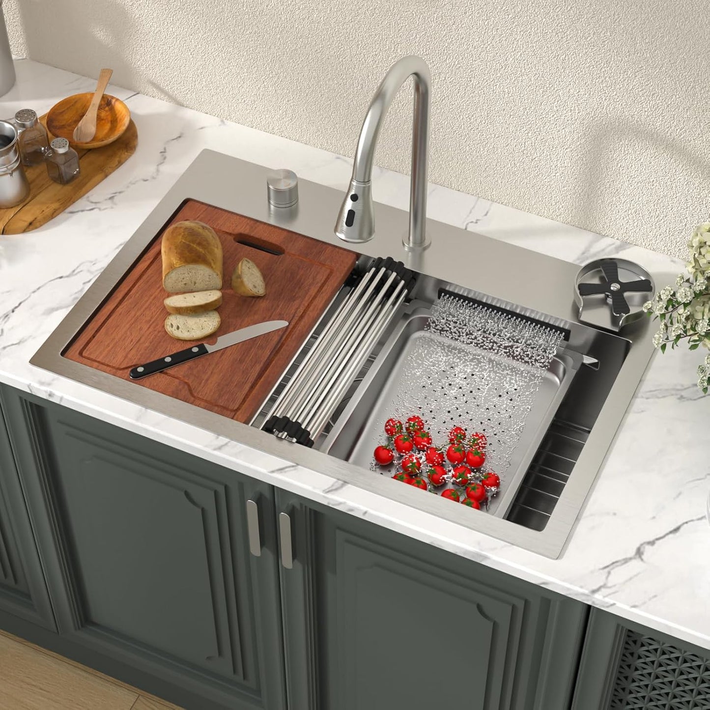 Lordear 33 Drop In Kitchen Sink Workstation 33x22 Kitchen Sinks Drop In Stainless Steel 16 Gauge Single Bowl Handmade Topmount Sink with Cutting Board