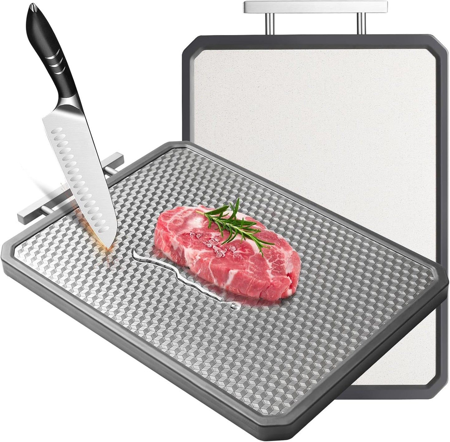 Stainless Steel Cutting Board for Kitchen, Non Toxic Large Chopping Board Double Sided Non-slip Scratch-resistant Mesh Design with Juice Groove Food-Grade Wheat Straw PP 15×10 In Easy to Clean
