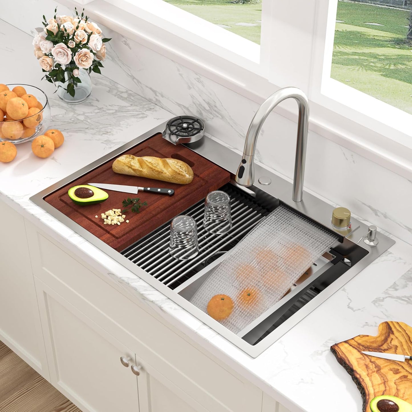 Sarlai 36 Inch Waterfall Kitchen Sink Workstation - 36x22 Waterfall Drop In Sink Stainless Steel 16 Gauge Sink Multifunction Single Bowl Smart Top Mount Kitchen Sinks with Faucet Combo