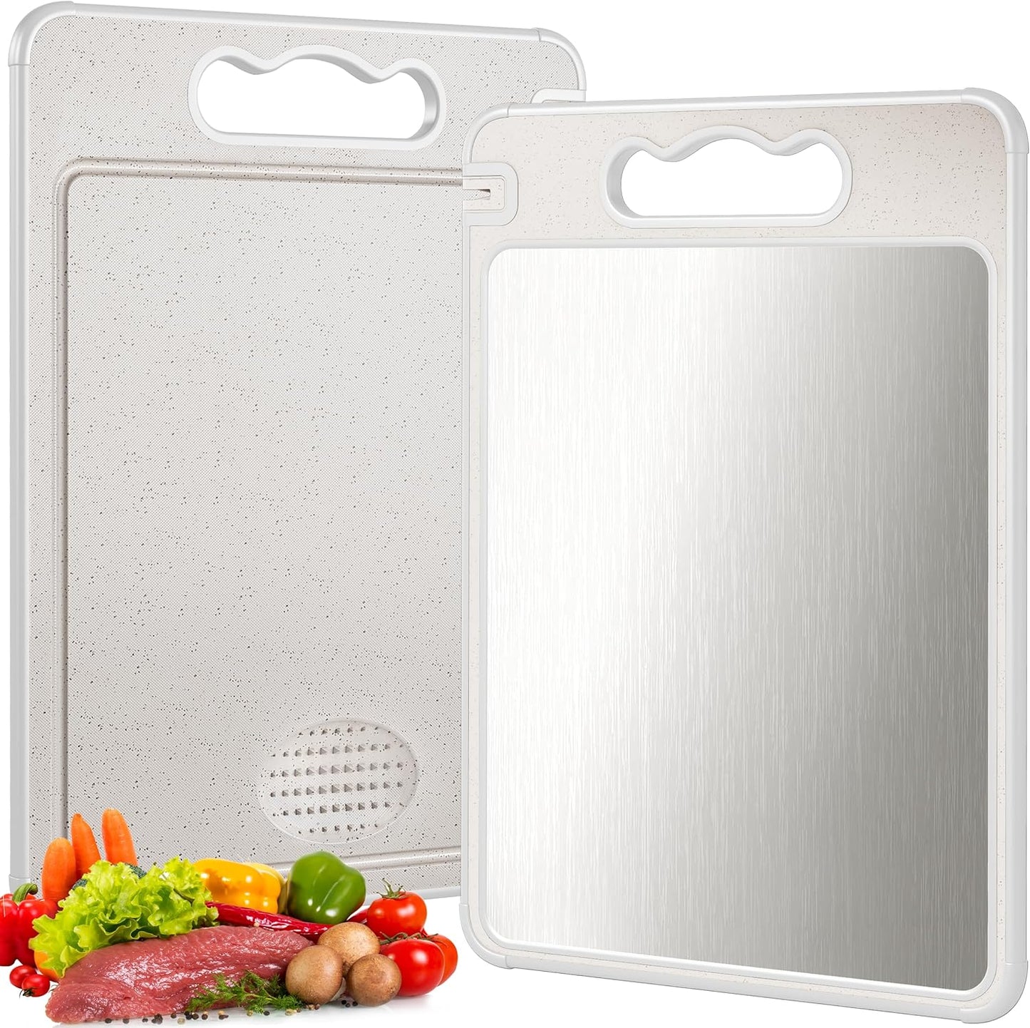 Double Sided 304 Stainless Steel & Wheat Straw Cutting Board, 14.4"*9.8" Non Toxic Chopping Board, Separately Handle Meat and Vegetables, Dishwasher Safe, Scratch Resistant Mesh Design