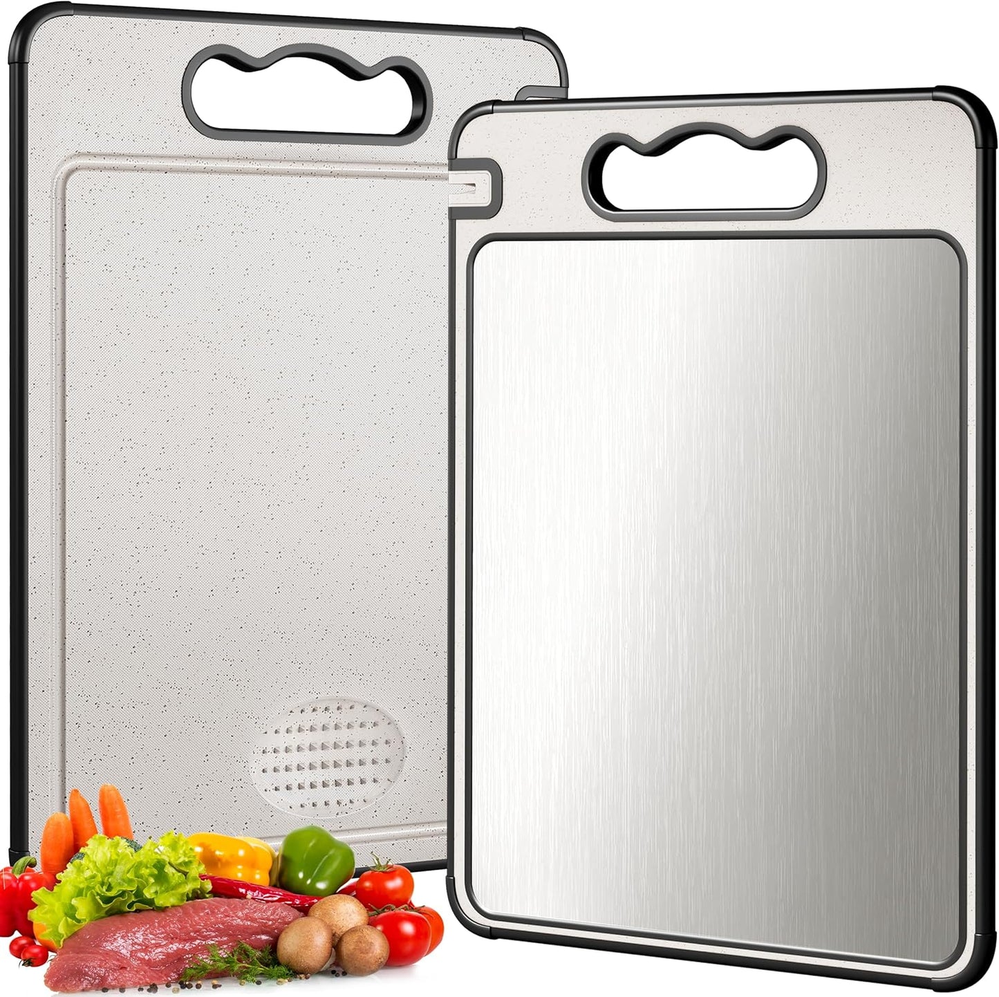Double Sided 304 Stainless Steel & Wheat Straw Cutting Board, 14.4"*9.8" Non Toxic Chopping Board, Separately Handle Meat and Vegetables, Dishwasher Safe, Scratch Resistant Mesh Design